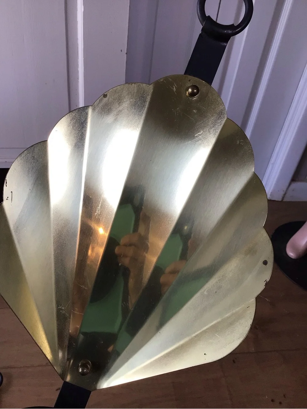 Vintage MCM Brass Black Scalloped Clam Shell Wall Sconce Candle Holder Pair 18”